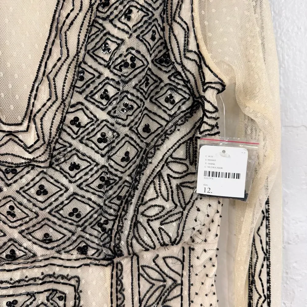 FreePeople Valentina Beaded Party Dress 12 Long Sleeve Sheer Lined Intricate NWT